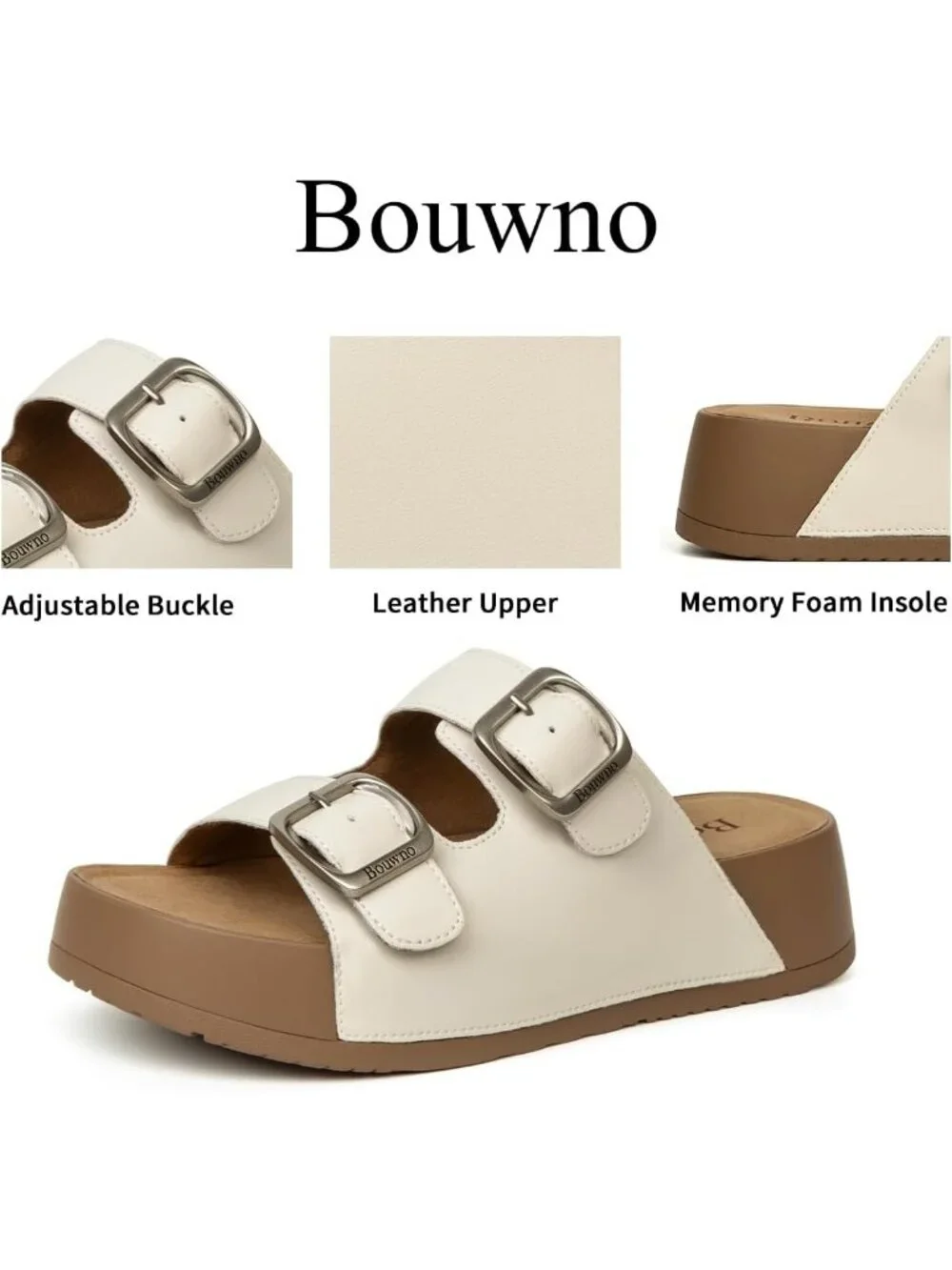 Women's White Slide Buckle Genuine Leather Slip on Beach Platform Sandal Shoes